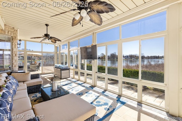 13229 Enid Blvd, Fenton, MI 48430 - sunroom / solarium featuring a ceiling fan, wooden ceiling, an outdoor hangout area, tile patterned flooring, and expansive windows