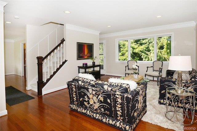 142 E Hickory Grove Rd Unit 3, Beverly Hills, MI 48304 - living room featuring wood finished floors, healthy amount of natural light, stairway, ornamental molding, and recessed lighting