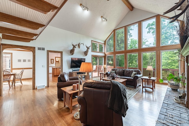 175 Honey Creek Ave NE, Ada, MI 49301 - living area featuring beamed ceiling, light wood-type flooring, high vaulted ceiling, and arched walkways