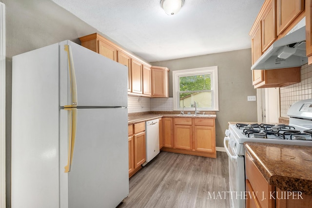1512 Werner Ave NW, Grand Rapids, MI 49534 - kitchen with white appliances, under cabinet range hood, light wood-style floors, and backsplash