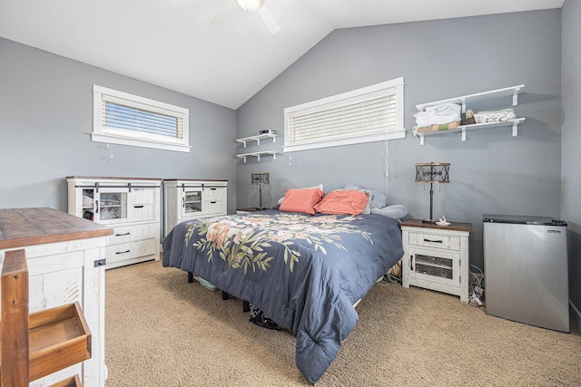 7068 Jasper Dr, Hudsonville, MI 49426 - bedroom with refrigerator, light carpet, lofted ceiling, multiple windows, and ceiling fan