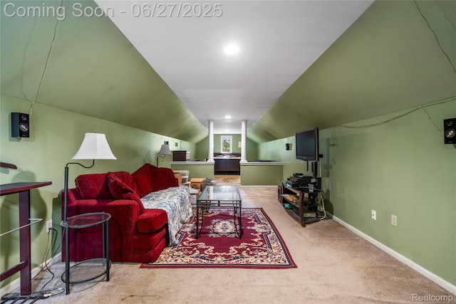 1500 Rustic Ln, Commerce Twp, MI 48390 - carpeted living area featuring lofted ceiling and baseboards