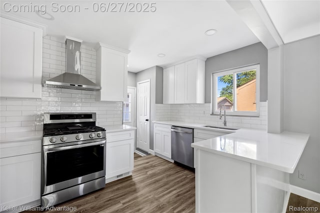 36669 Pinetree St, Livonia, MI 48150 - kitchen with stainless steel appliances, wall chimney exhaust hood, white cabinetry, light countertops, and tasteful backsplash