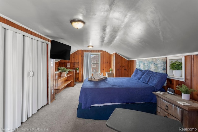 11670 Marlowe St, Detroit, MI 48227 - bedroom with wood walls, light colored carpet, and vaulted ceiling