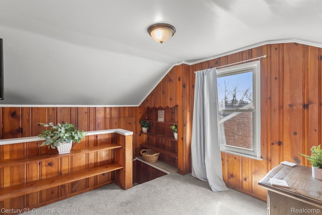 11670 Marlowe St, Detroit, MI 48227 - additional living space featuring vaulted ceiling, wood walls, and carpet flooring