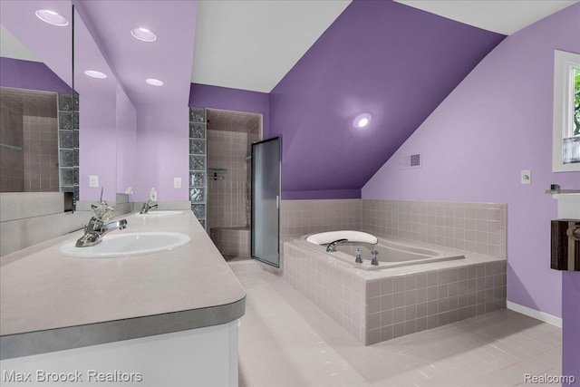 2222 Garland St, Sylvan Lake, MI 48320 - bathroom with a garden tub, double vanity, tiled shower, tile patterned flooring, and lofted ceiling