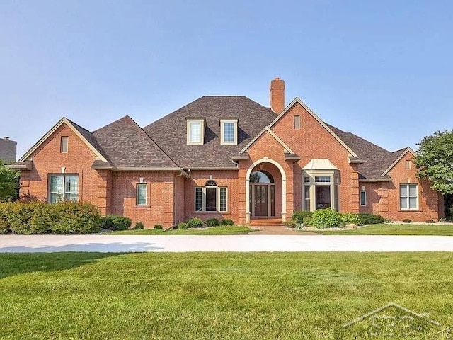 13 E Grove Ct, Freeland, MI 48623 - traditional-style house with brick siding, a chimney, a front yard, and a shingled roof