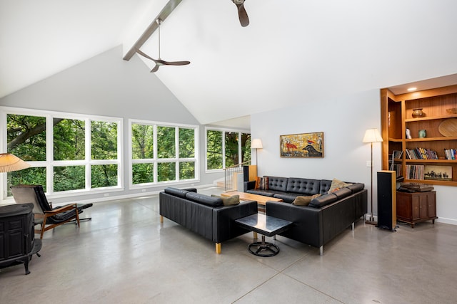 2012 Pontiac Trl, Ann Arbor, MI 48105 - living area with a ceiling fan, high vaulted ceiling, concrete floors, and beam ceiling