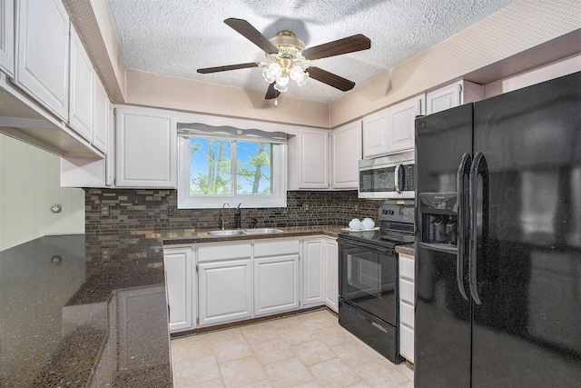 5012 Windyridge Dr, Portage, MI 49002 - kitchen featuring black appliances, a textured ceiling, tasteful backsplash, white cabinets, and ceiling fan