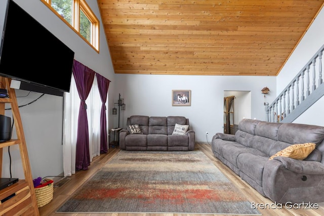 17318 Thunder Bay Ct, Howard City, MI 49329 - living room featuring wood finished floors, high vaulted ceiling, wood ceiling, and stairway