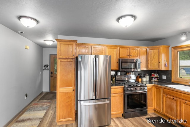 17318 Thunder Bay Ct, Howard City, MI 49329 - kitchen featuring appliances with stainless steel finishes, light wood-style flooring, dark countertops, brown cabinetry, and backsplash