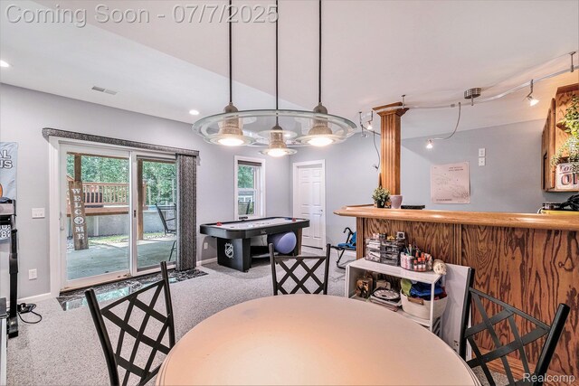 2390 Torrey Grove Ct, Fenton, MI 48430 - dining space with bar, carpet floors, and recessed lighting