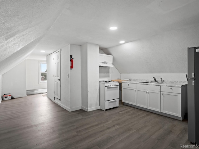 11727 Fleming St, Hamtramck, MI 48212 - kitchen featuring white range with gas stovetop, vaulted ceiling, under cabinet range hood, light countertops, and freestanding refrigerator