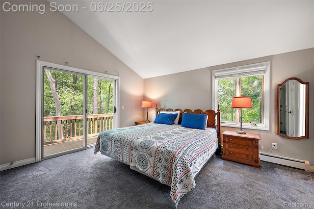 7340 Deer Lake Rd, Clarkston, MI 48346 - bedroom with a baseboard heating unit, carpet, access to outside, and lofted ceiling