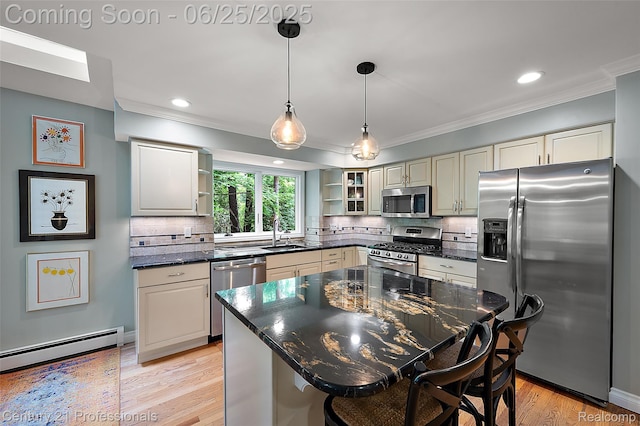 7340 Deer Lake Rd, Clarkston, MI 48346 - kitchen featuring appliances with stainless steel finishes, open shelves, crown molding, a breakfast bar area, and tasteful backsplash