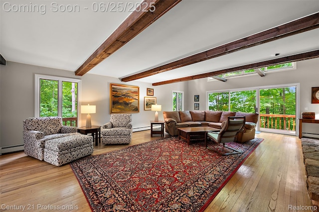 7340 Deer Lake Rd, Clarkston, MI 48346 - living room with wood-type flooring, beam ceiling, and baseboard heating