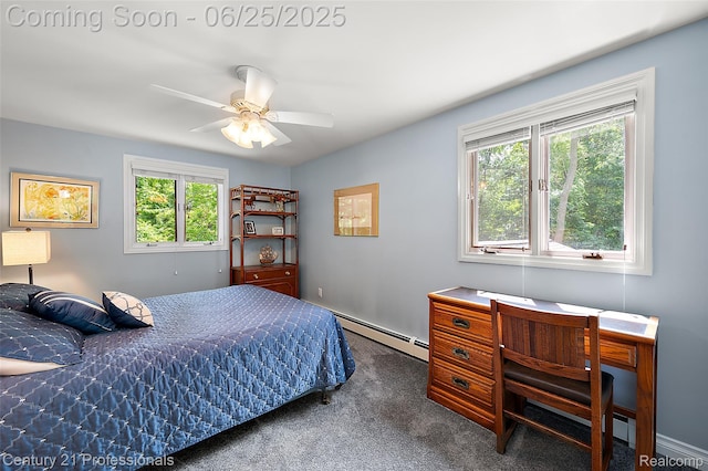 7340 Deer Lake Rd, Clarkston, MI 48346 - carpeted bedroom with a baseboard radiator, multiple windows, and a ceiling fan