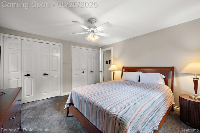 7340 Deer Lake Rd, Clarkston, MI 48346 - bedroom featuring dark colored carpet, two closets, and ceiling fan