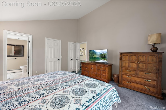 7340 Deer Lake Rd, Clarkston, MI 48346 - bedroom with a baseboard radiator, high vaulted ceiling, carpet, and ensuite bath