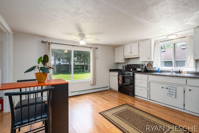 160 Division St, Saranac, MI 48881 - kitchen with black gas stove, a baseboard radiator, dark countertops, a textured ceiling, and light wood finished floors
