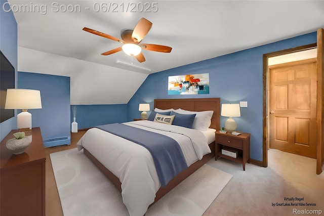47645 Sugarbush Rd, Chesterfield, MI 48047 - bedroom with baseboard heating, lofted ceiling, ceiling fan, and carpet floors