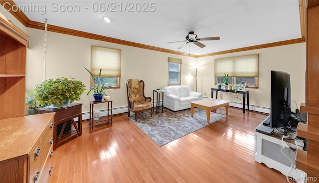 47645 Sugarbush Rd, Chesterfield, MI 48047 - living area featuring a baseboard radiator, ceiling fan, light wood-style flooring, and crown molding