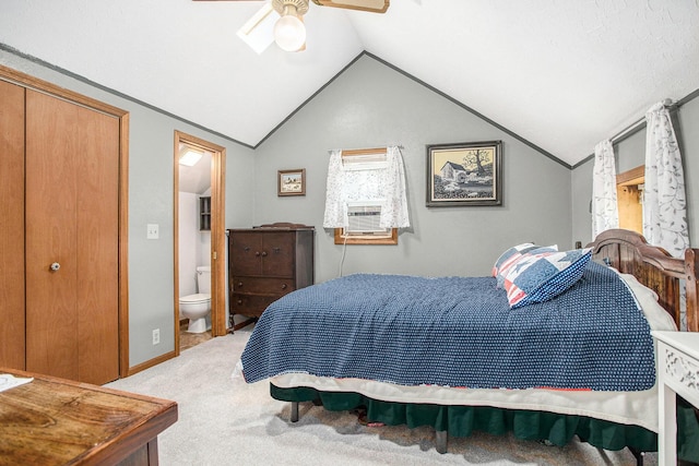8150 B Dr N, Battle Creek, MI 49014 - bedroom with lofted ceiling, carpet, a ceiling fan, ensuite bathroom, and multiple windows