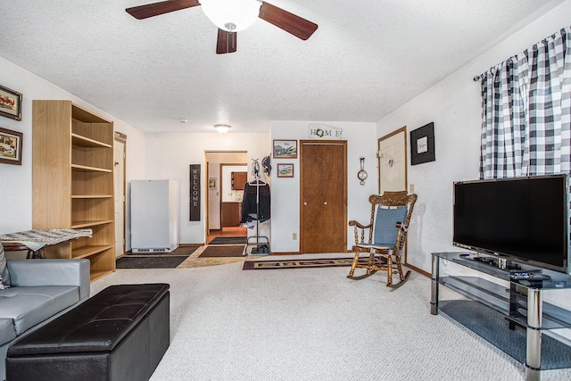 8150 B Dr N, Battle Creek, MI 49014 - living room with ceiling fan, carpet flooring, and a textured ceiling