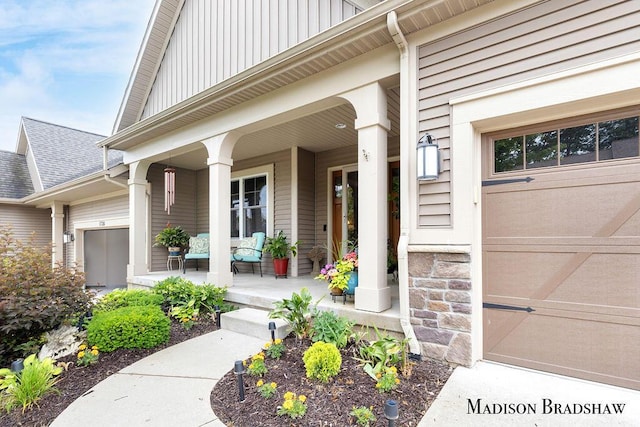 1728 N Brandon Ridge Dr NW, Walker, MI 49544 - doorway to property featuring a porch, an attached garage, board and batten siding, and a shingled roof