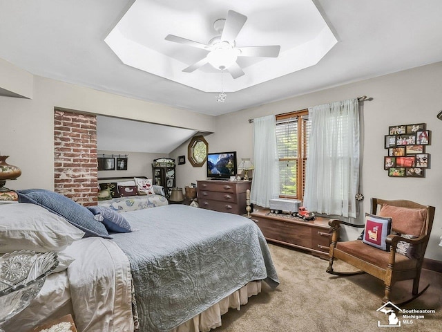 2252 W Temperance Rd, Temperance, MI 48182 - bedroom featuring light colored carpet, a tray ceiling, and a ceiling fan