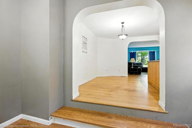42424 Bradner Ct, Plymouth, MI 48170 - hallway featuring arched walkways and wood finished floors