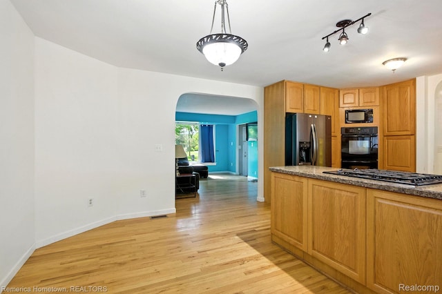 42424 Bradner Ct, Plymouth, MI 48170 - kitchen featuring arched walkways, stainless steel appliances, light wood-style flooring, and decorative light fixtures
