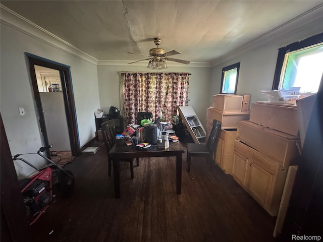11343 Belleterre St, Detroit, MI 48204 - dining room with wood finished floors, a ceiling fan, ornamental molding, and a desk