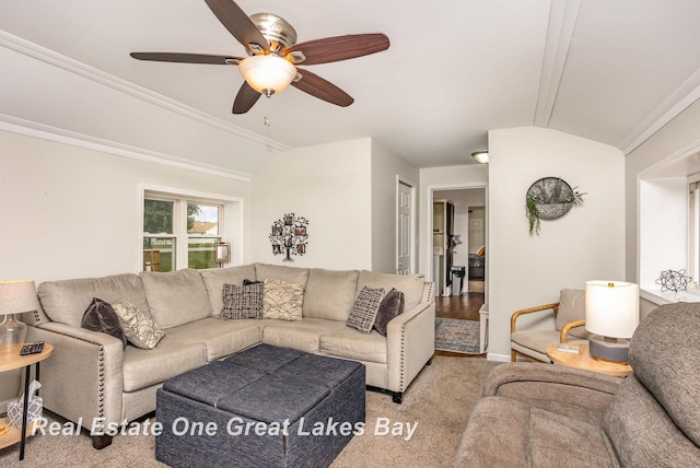4185 Shattuck Rd, Saginaw, MI 48603 - carpeted living room featuring a ceiling fan and lofted ceiling