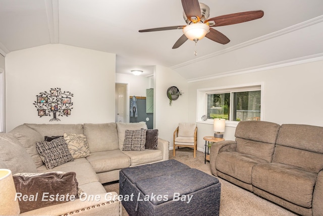 4185 Shattuck Rd, Saginaw, MI 48603 - carpeted living area with vaulted ceiling and ceiling fan