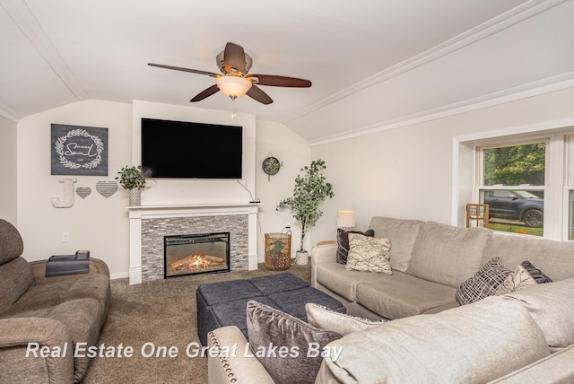 4185 Shattuck Rd, Saginaw, MI 48603 - living room featuring vaulted ceiling, a ceiling fan, carpet, and a fireplace