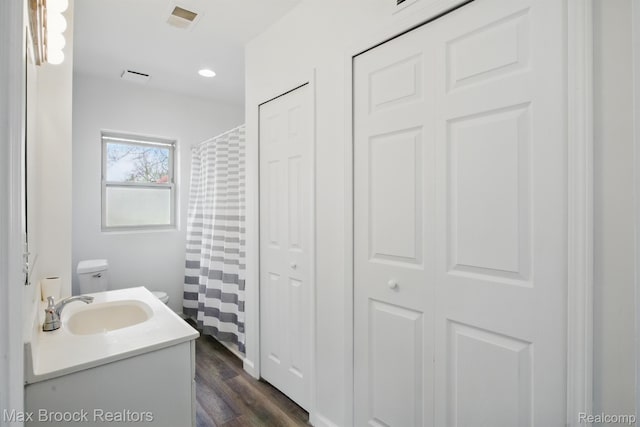 165 W Colgate Ave, Pontiac, MI 48340 - bathroom featuring a closet, vanity, wood finished floors, and curtained shower