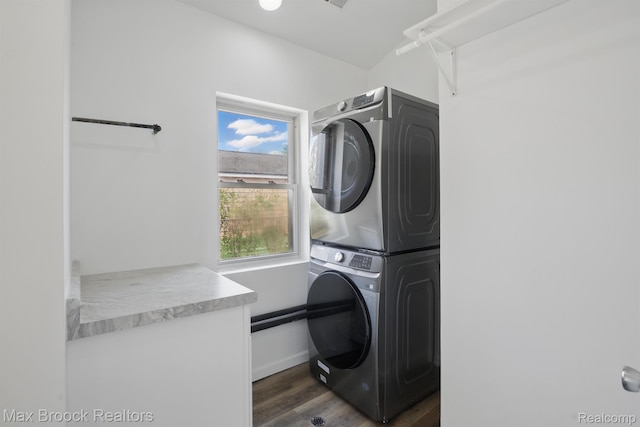 165 W Colgate Ave, Pontiac, MI 48340 - laundry area with stacked washing machine and dryer and dark wood-style flooring