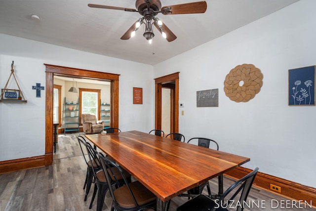 409 W Bridge St, Lyons, MI 48851 - dining room featuring dark wood-style flooring and a ceiling fan