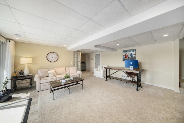 117 High View Ct, Brooklyn, MI 49230 - carpeted living area with a paneled ceiling, arched walkways, and recessed lighting