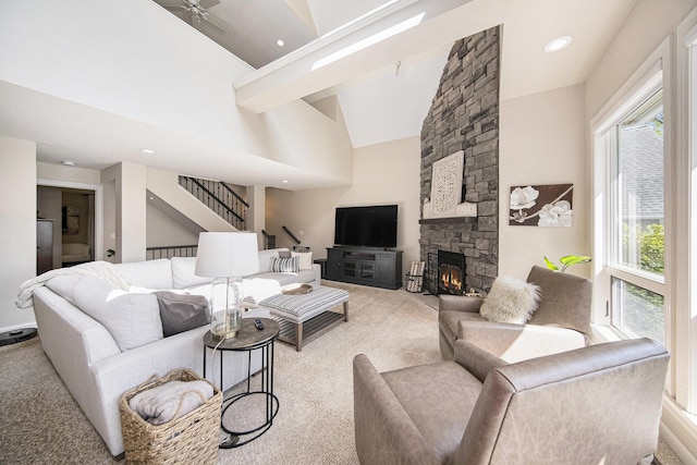 117 High View Ct, Brooklyn, MI 49230 - living area featuring light carpet, plenty of natural light, stairs, lofted ceiling, and recessed lighting