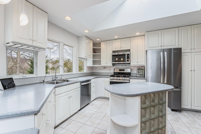 2277 W Huron River Dr, Ann Arbor, MI 48103 - kitchen with open shelves, stainless steel appliances, light tile patterned floors, backsplash, and recessed lighting