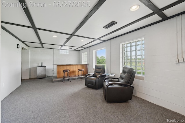 15501 Turner, Lansing, MI 48906 - living area featuring a bar, concrete block wall, plenty of natural light, recessed lighting, and carpet