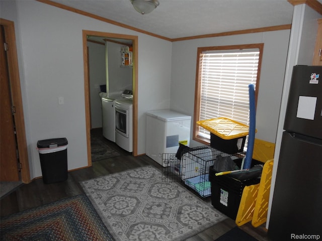 453 Glencoe Dr, Temperance, MI 48182 - kitchen featuring freestanding refrigerator, washing machine and clothes dryer, wood finished floors, ornamental molding, and vaulted ceiling