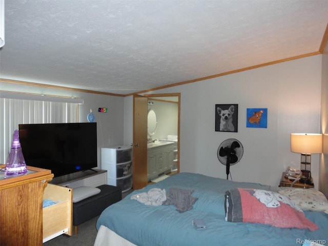 453 Glencoe Dr, Temperance, MI 48182 - carpeted bedroom with ornamental molding, ensuite bath, and a textured ceiling