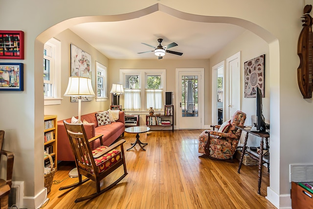 809 Pauline Blvd, Ann Arbor, MI 48103 - sitting room featuring arched walkways, hardwood / wood-style flooring, and a ceiling fan