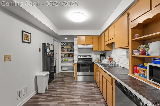 29636 City Center Dr, Warren, MI 48093 - kitchen featuring appliances with stainless steel finishes, under cabinet range hood, dark wood-style floors, backsplash, and open shelves