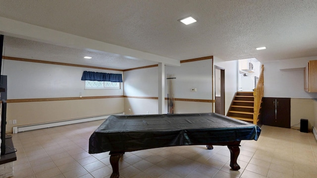 11427 Colonial Woods Dr, Clio, MI 48420 - game room featuring a textured ceiling, billiards, a baseboard radiator, and recessed lighting