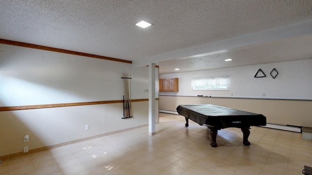 11427 Colonial Woods Dr, Clio, MI 48420 - playroom with a baseboard radiator, a textured ceiling, pool table, and recessed lighting