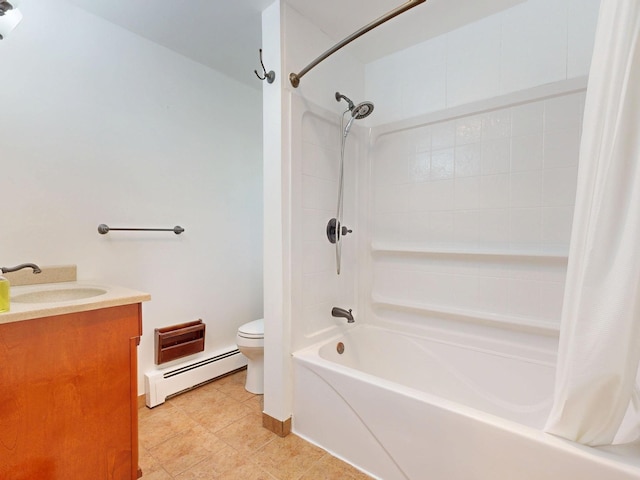 11427 Colonial Woods Dr, Clio, MI 48420 - full bathroom with a baseboard radiator, shower / bath combo, vanity, and tile patterned flooring